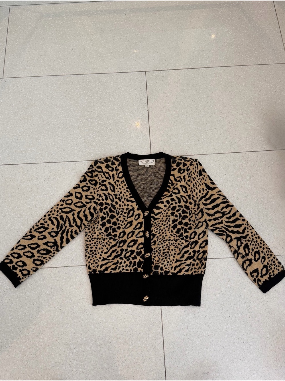 Vintage St. John Collection Leopard Print V-Neck Cardigan - Tan & Black
